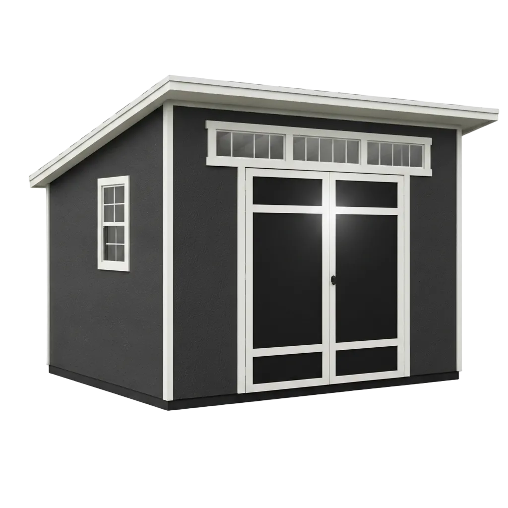 Small black storage shed with white trim on a white background