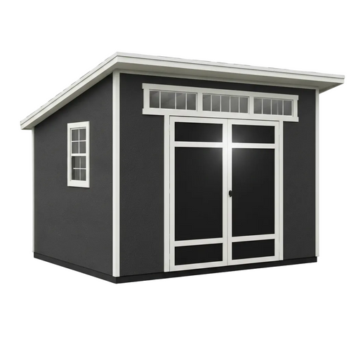 Small black storage shed with white trim on a white background