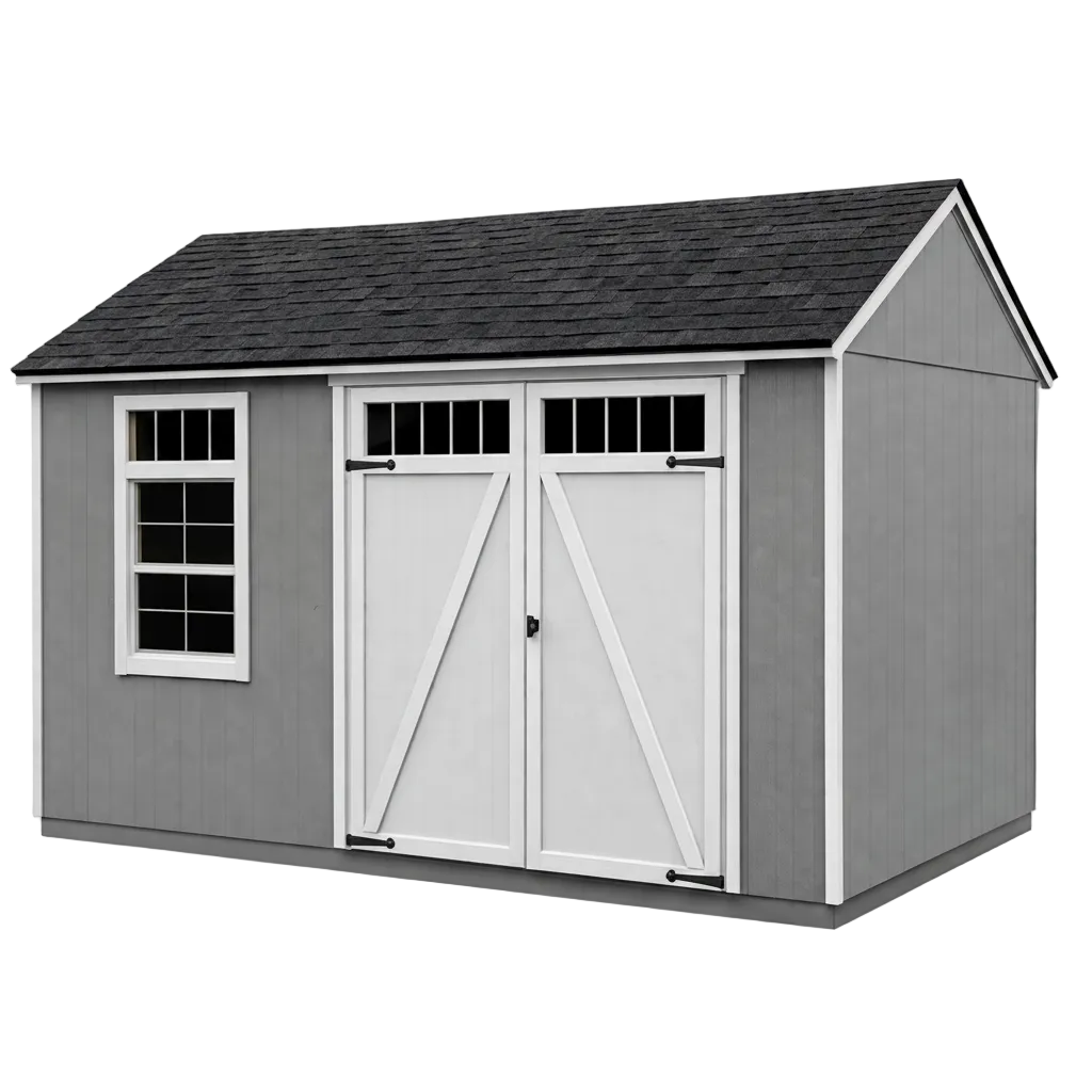 Gray gable storage shed front view with double doors