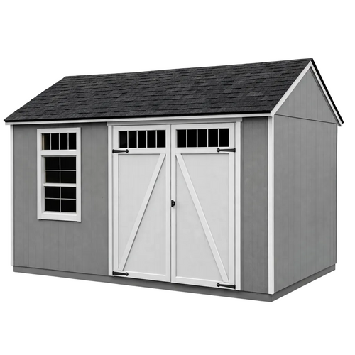 Gray gable storage shed front view with double doors