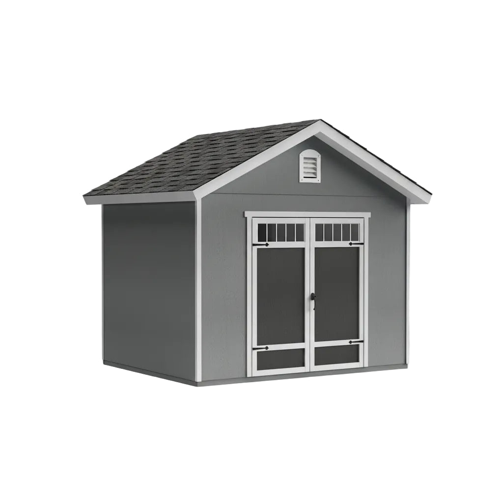 Angled front view of Huron 10x16 workshop storage shed with double door entry