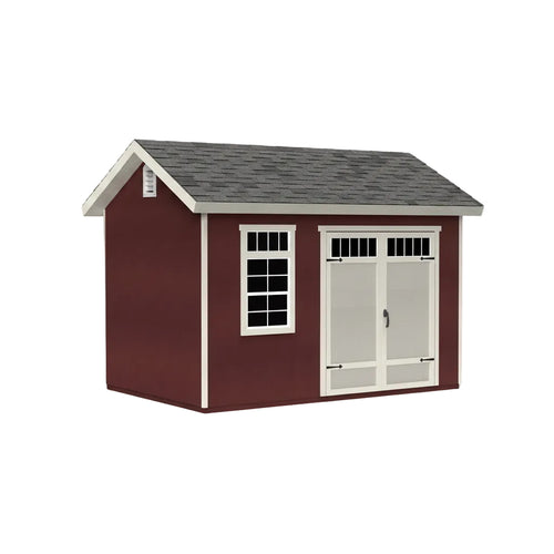 Front exterior view of Huron 10x16 workshop storage shed with double doors