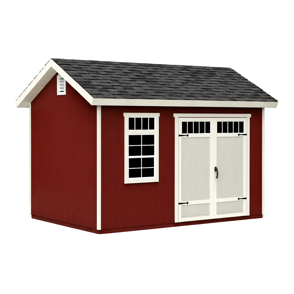 Huron 12x8 workshop shed exterior view with double doors and windows