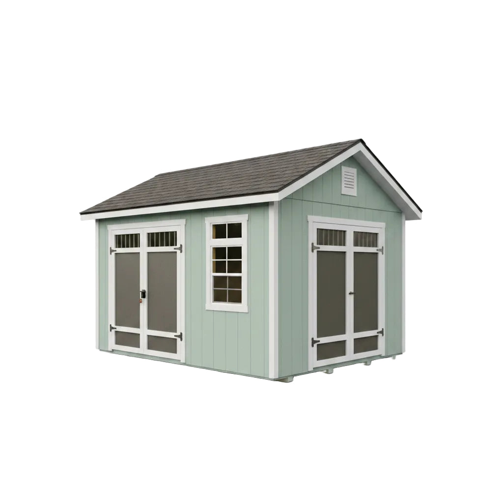 Huron Plus shed showing exterior quick access storage compartment for tools