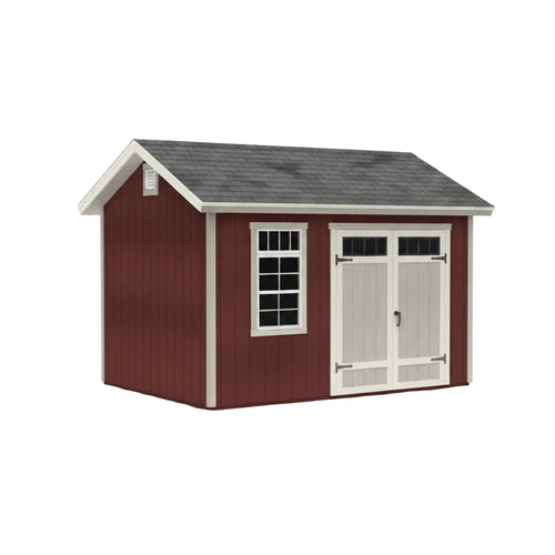 Interior of Huron workshop shed showing built in workbench and shelf storage