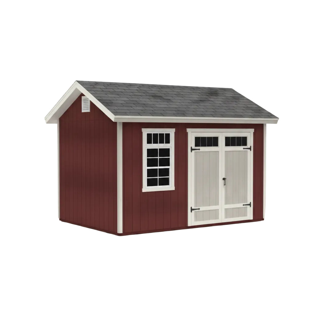 Interior of Huron shed showing loft, workbench, and shelf for organized workspace