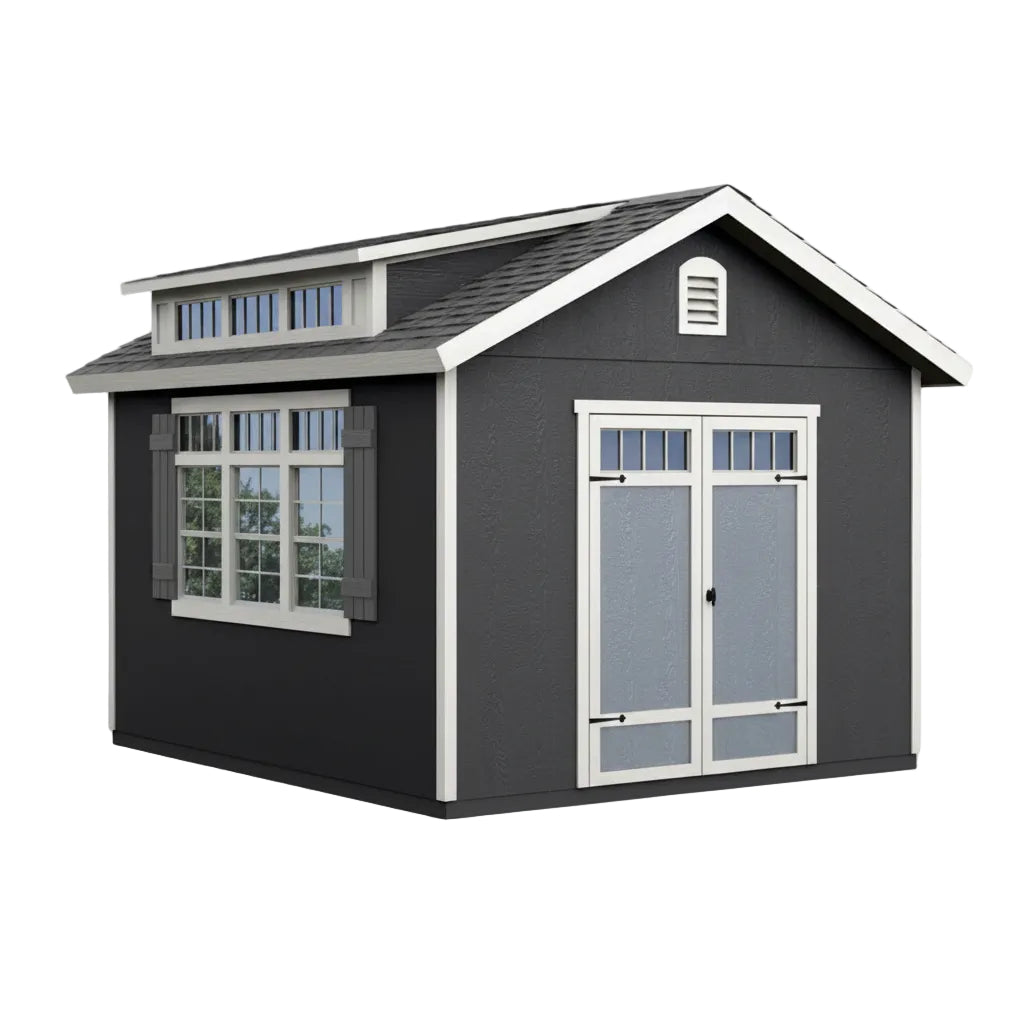 Front exterior view of Madison 10x12 storage shed with windows and clean structure