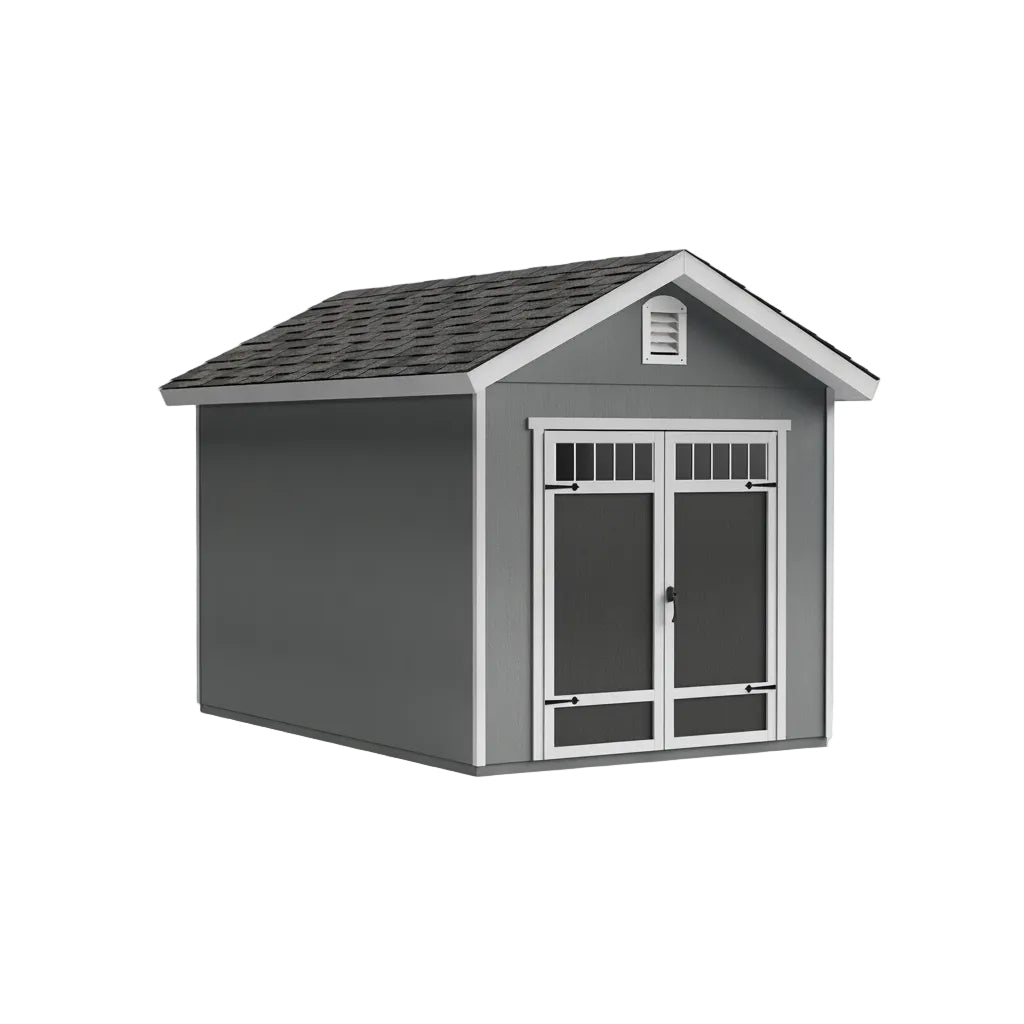 Omaha 10x16 storage shed with double doors open for easy equipment entry