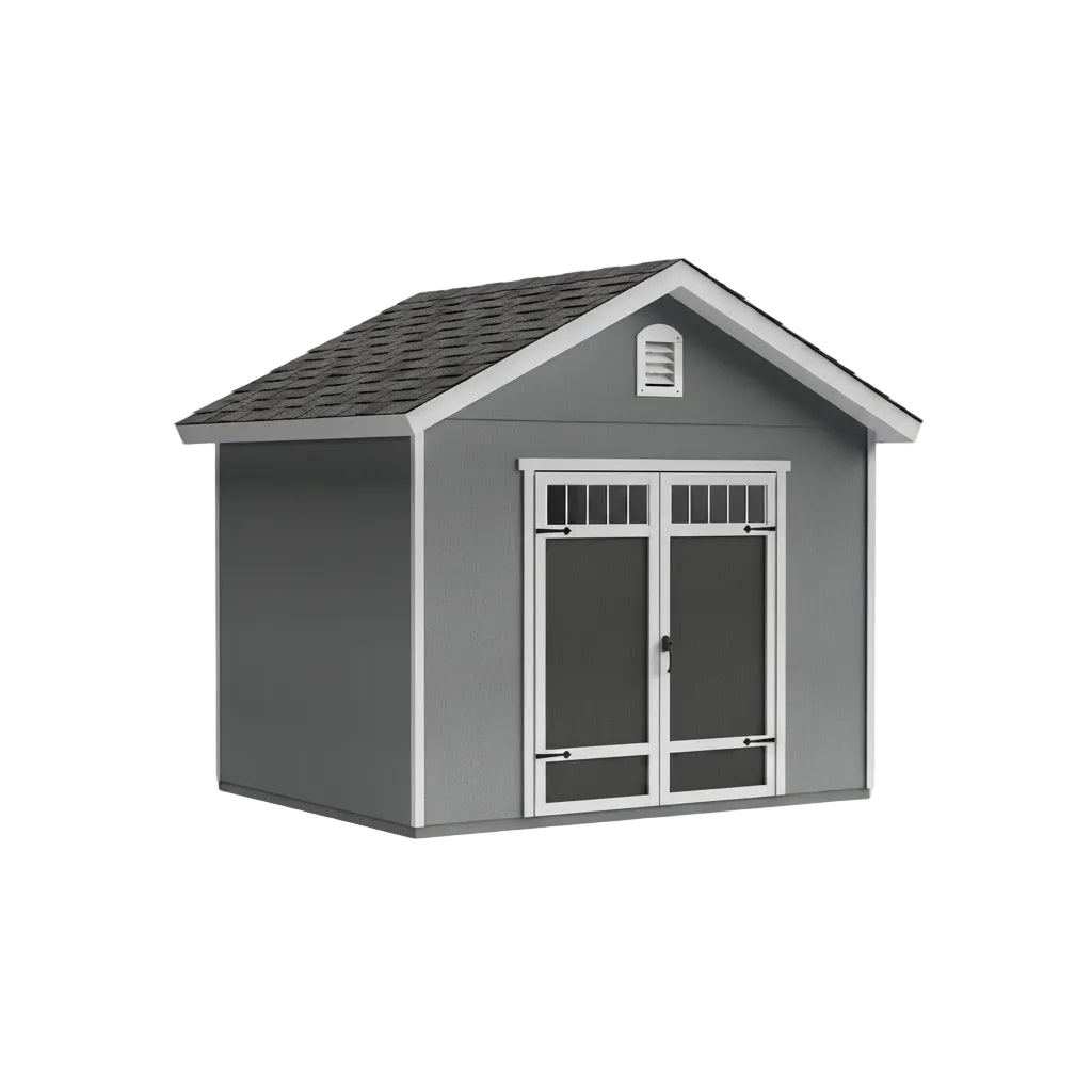Front view of Omaha 10x16 wood storage shed with double doors and solid structure