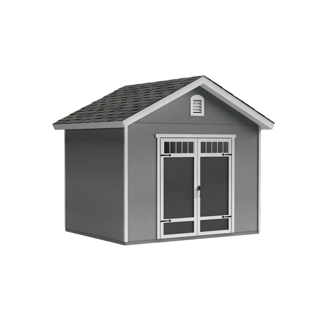 Front elevation of Omaha 12x16 wood storage shed with double doors and windows