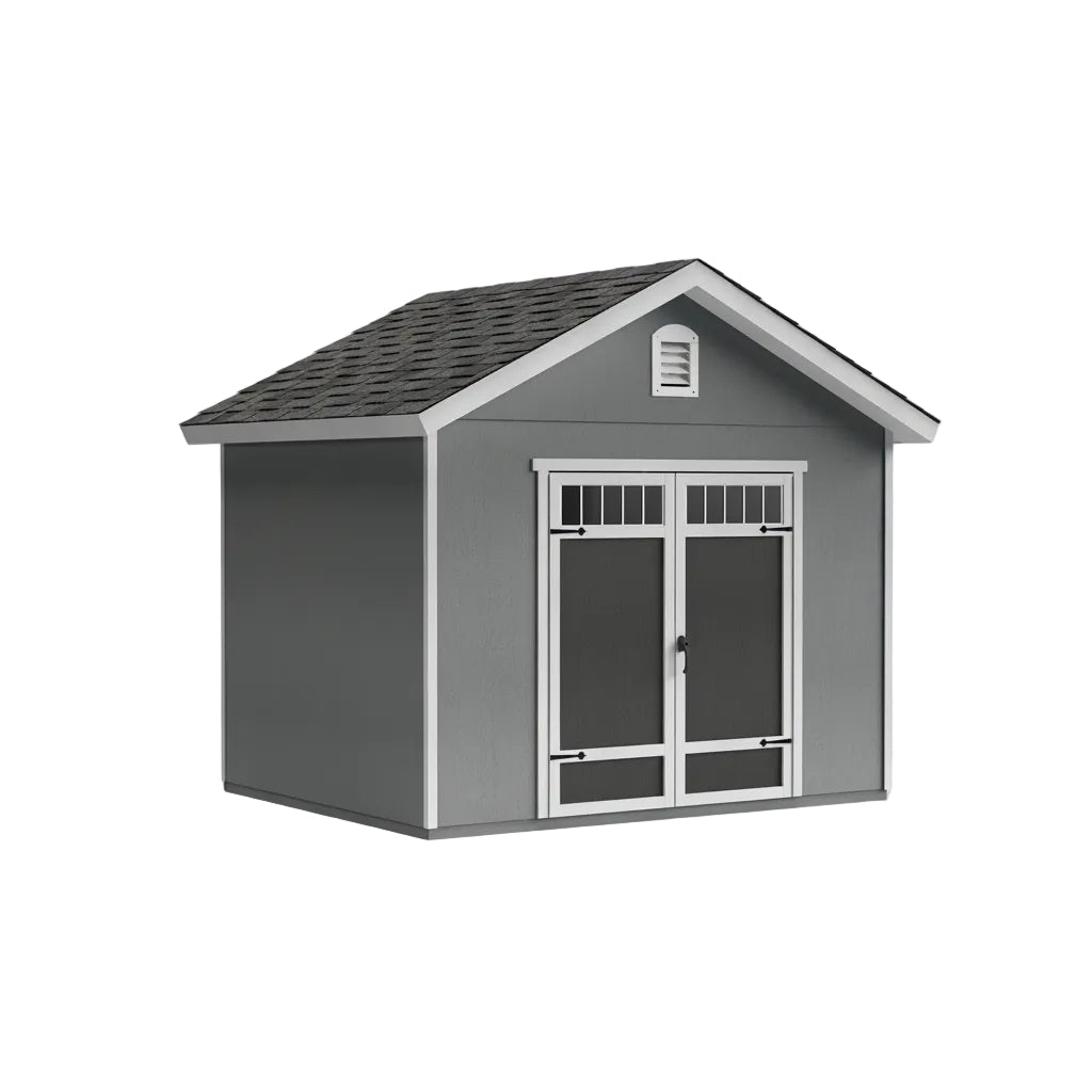 Front elevation of Omaha 12x20 wood storage shed with double door entry