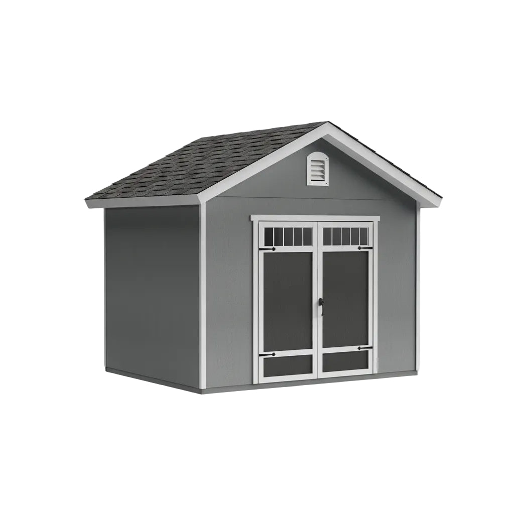 Front view of Omaha 12x24 wood storage shed with double doors and transom windows