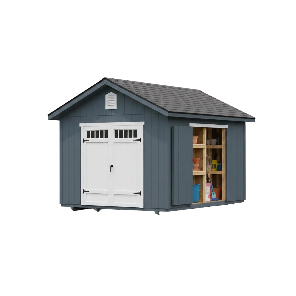 Interior layout of Omaha Plus 10x12 shed with organized storage and workspace area