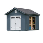 Front view of Omaha Plus 10x12 storage shed with double doors and organized exterior design