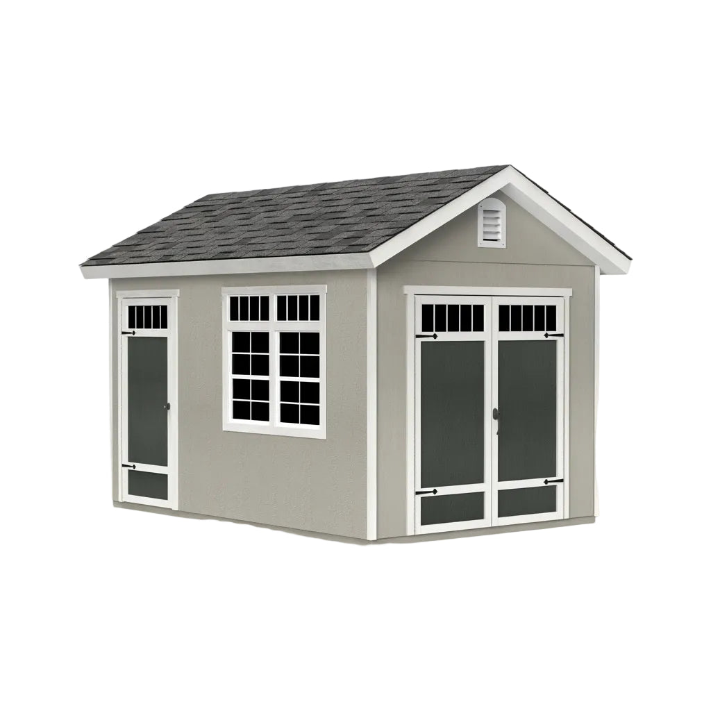 Wide double door entry detail on Omaha wood storage shed for easy access