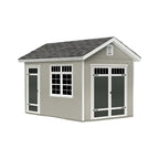 Angled front exterior view of Omaha 10x16 wood storage shed with double doors