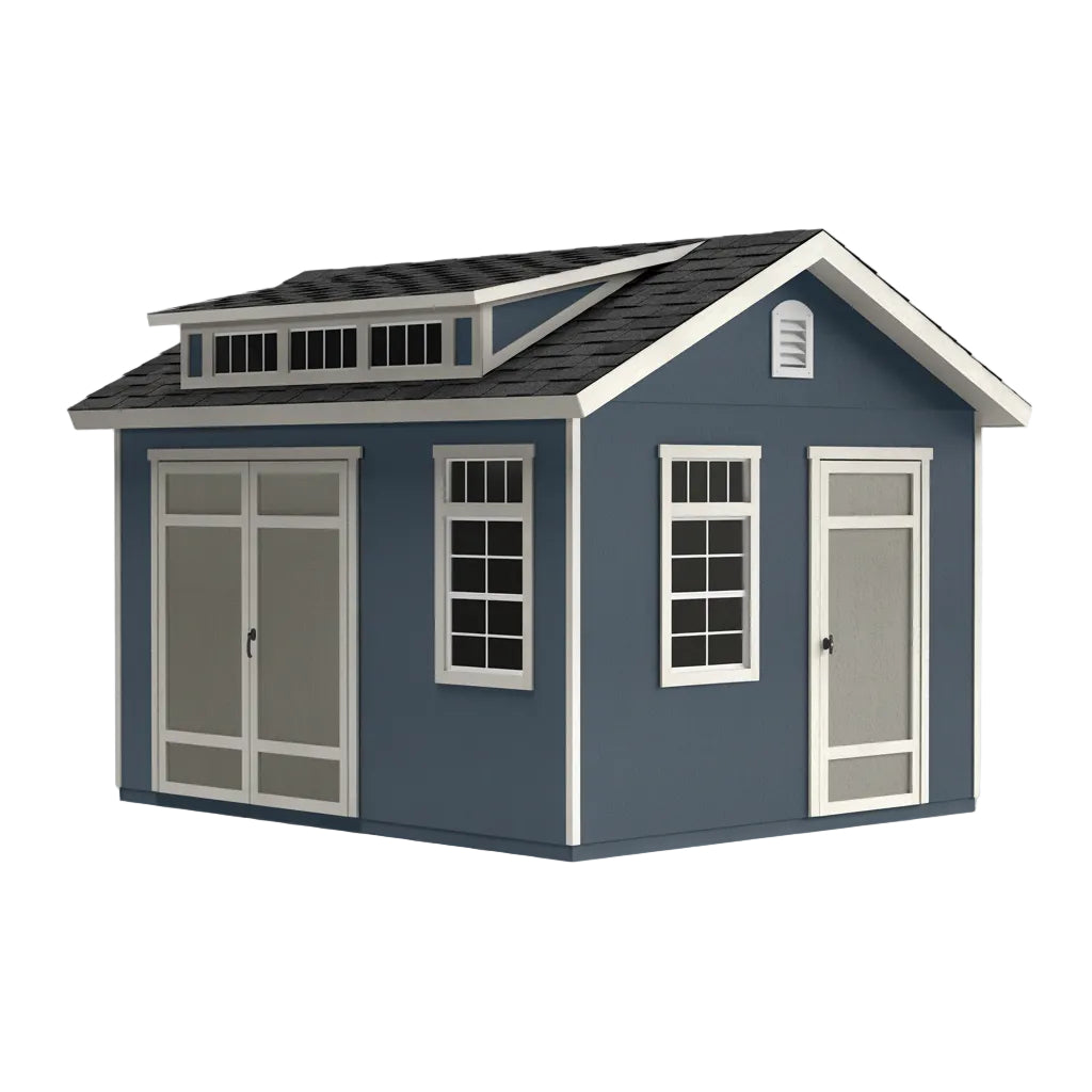Springfield 12x10 storage shed with dormer and double doors front exterior view