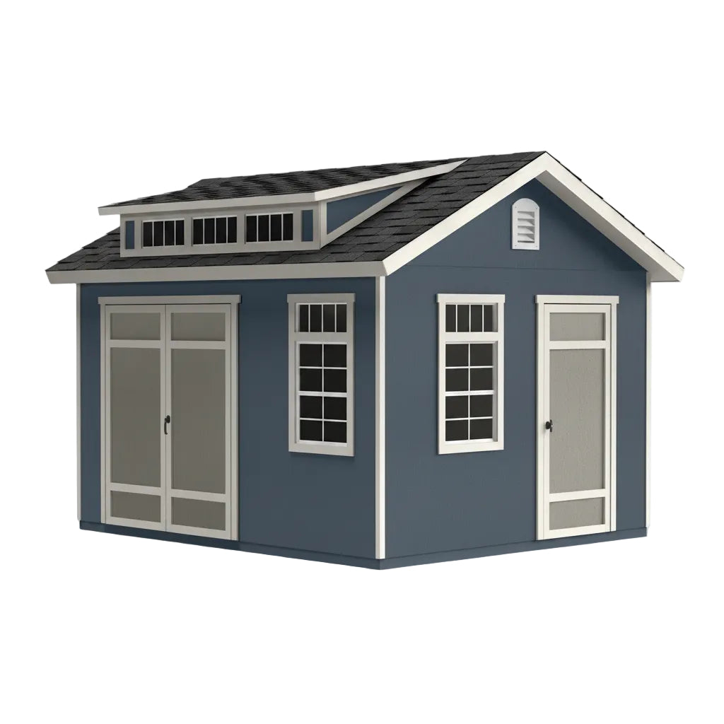 Front exterior view of Springfield 12x10 storage shed with dormer and double doors