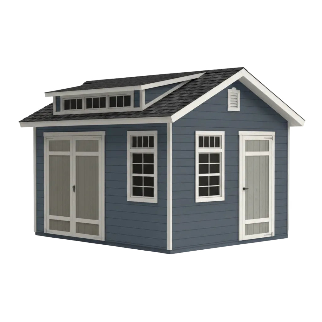 Springfield shed showing side entry door from angled outdoor view