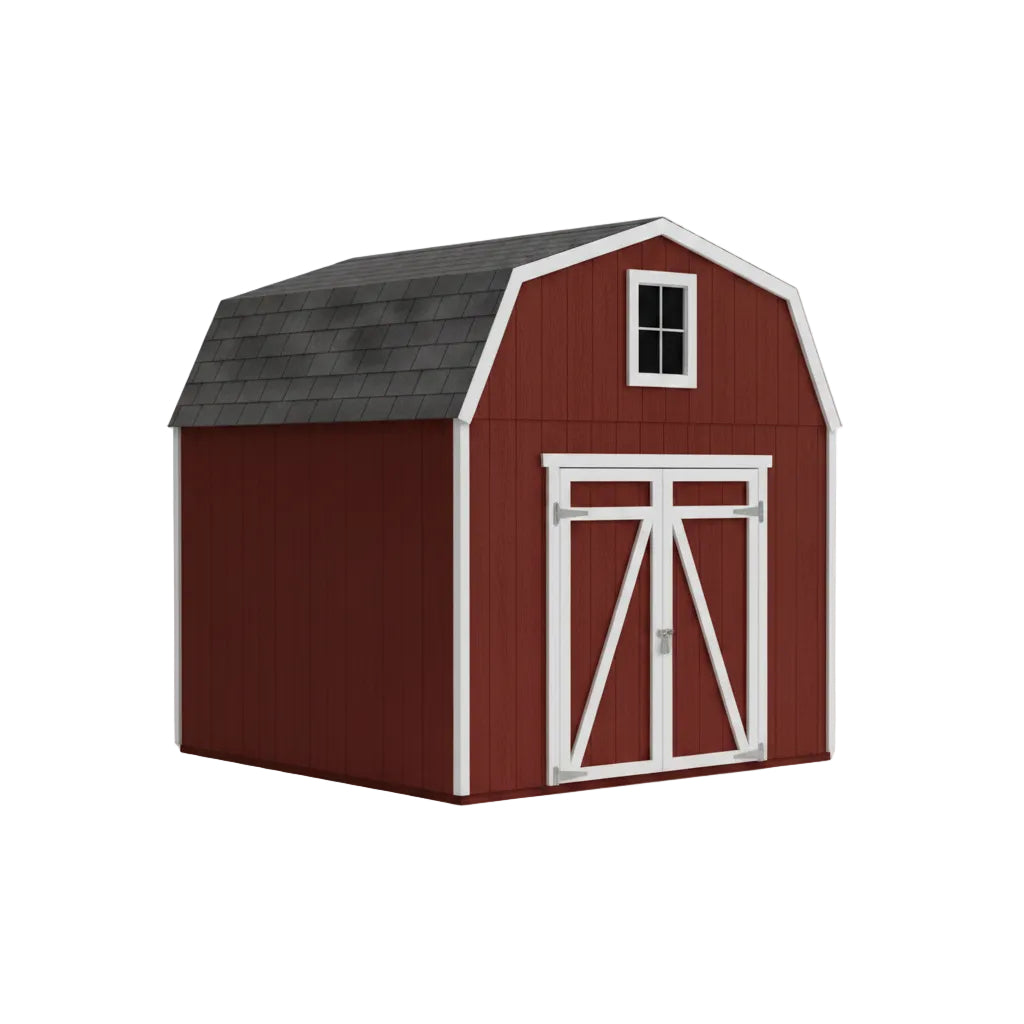 Interior loft area of Topeka shed used for overhead storage organization