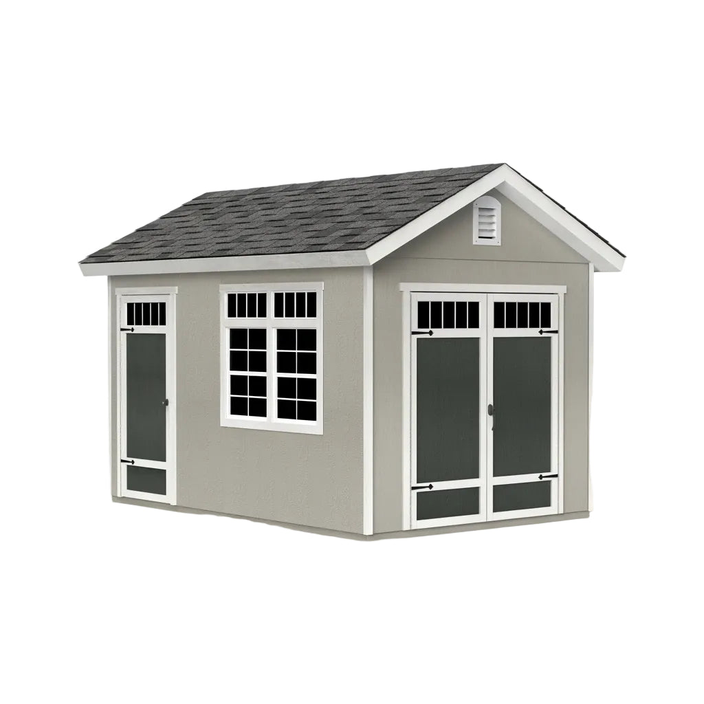 Front view of Wichita 12x16 storage shed with double doors and windows